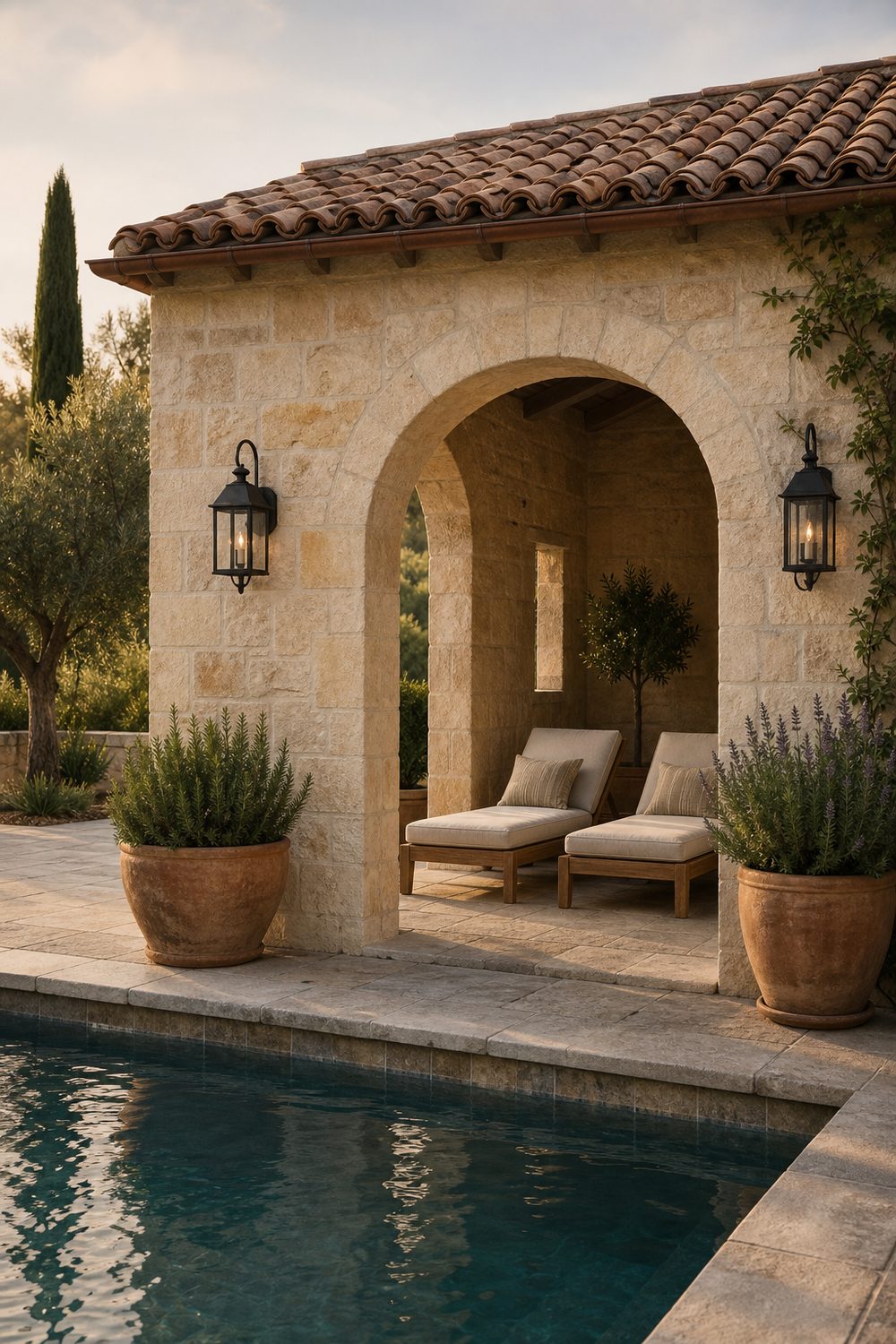 Mediterranean small pool cabana of cream limestone with two arched openings, clay tile roof, iron lantern sconces, teak loungers, terracotta planters with rosemary and lavender