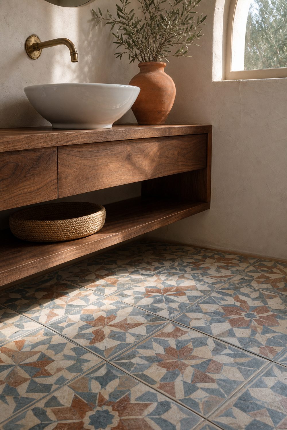 Mediterranean cabana bathroom close-up of patterned encaustic-look porcelain floor in blue and terracotta, walnut floating vanity, white vessel basin, olive branches in terracotta vase