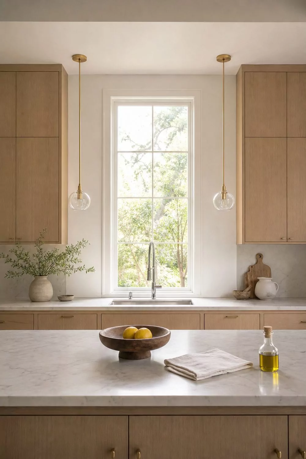 A pair of small clear glass mini pendant lights hung close together above a wide kitchen sink with a centered faucet, open concept kitchen