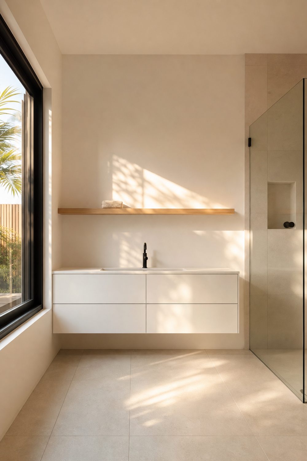 Minimalist cabana bathroom with flat-panel white floating vanity, large-format off-white porcelain floor, floating oak shelf, matte black faucet, frameless glass shower, recessed niche, golden hour light