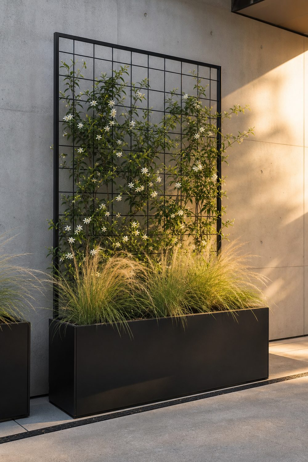 Modern black metal trellis planter box with grid frame, ornamental grasses and star jasmine against a concrete wall