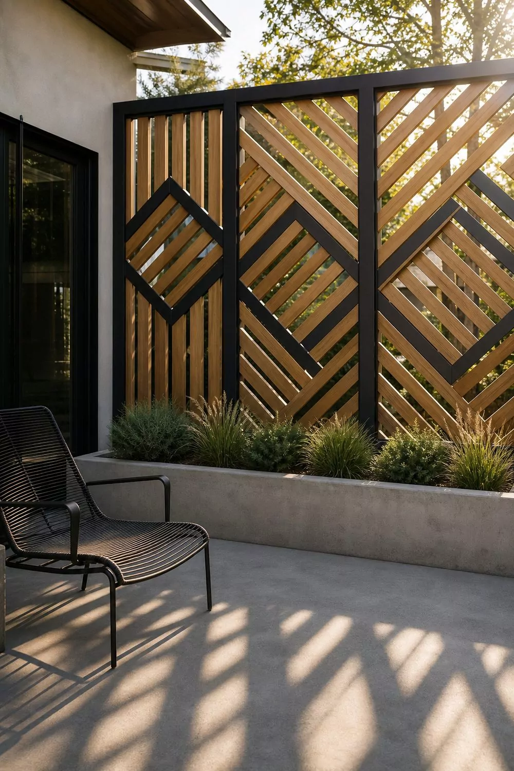 Modern geometric wooden trellis screen with diamond and rectangle pattern in matte charcoal frame on a contemporary concrete patio with black lounge chair