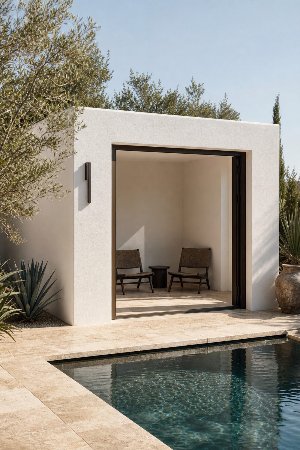 Modern white stucco small pool cabana with flat roof, slim dark bronze steel door frame, low minimalist outdoor chairs, travertine pool deck in bright midday light