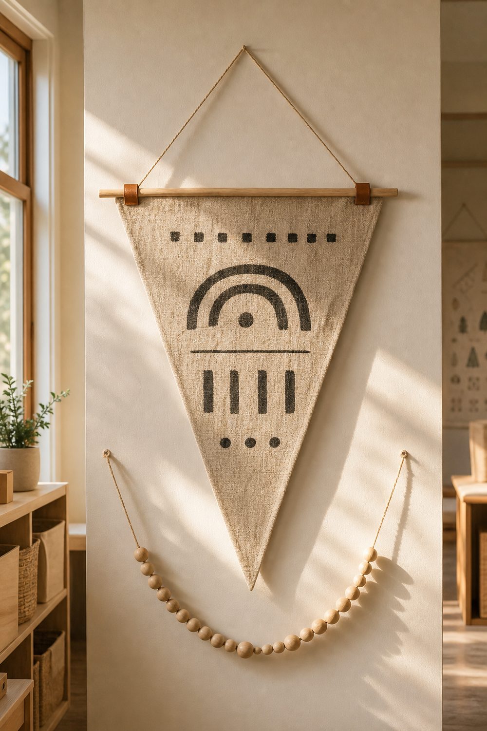 Large neutral oatmeal linen pennant welcome sign hanging from a natural wood dowel above a classroom doorway, paired with a small wood bead garland, golden hour light from west-facing windows
