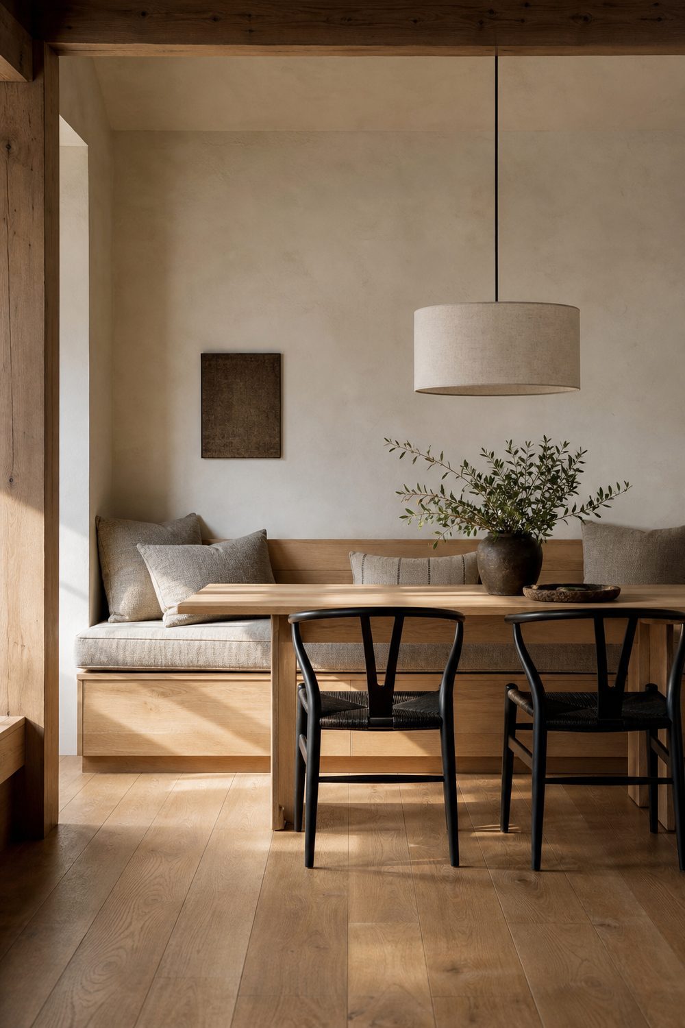 Built in pale oak banquette bench with tailored natural linen cushion along a cream plaster wall in a Japandi dining nook, with two black wishbone chairs and a linen pendant