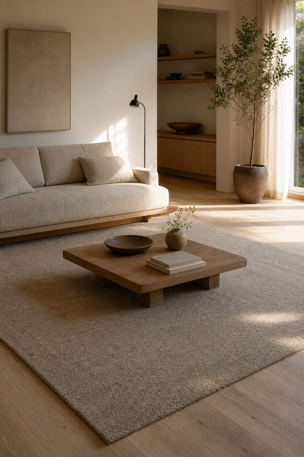 Oatmeal wool Japandi rug grounding a living room with a cream linen sofa, pale oak floor, and black floor lamp