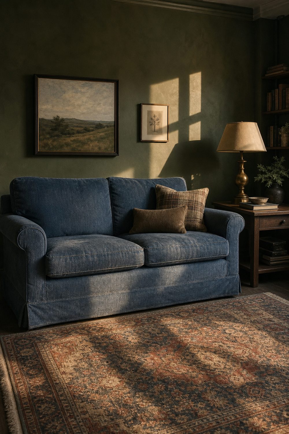 Cozy den with olive green walls, denim blue cotton loveseat, vintage Persian rug in muted reds and creams, dark walnut side table with brass lamp
