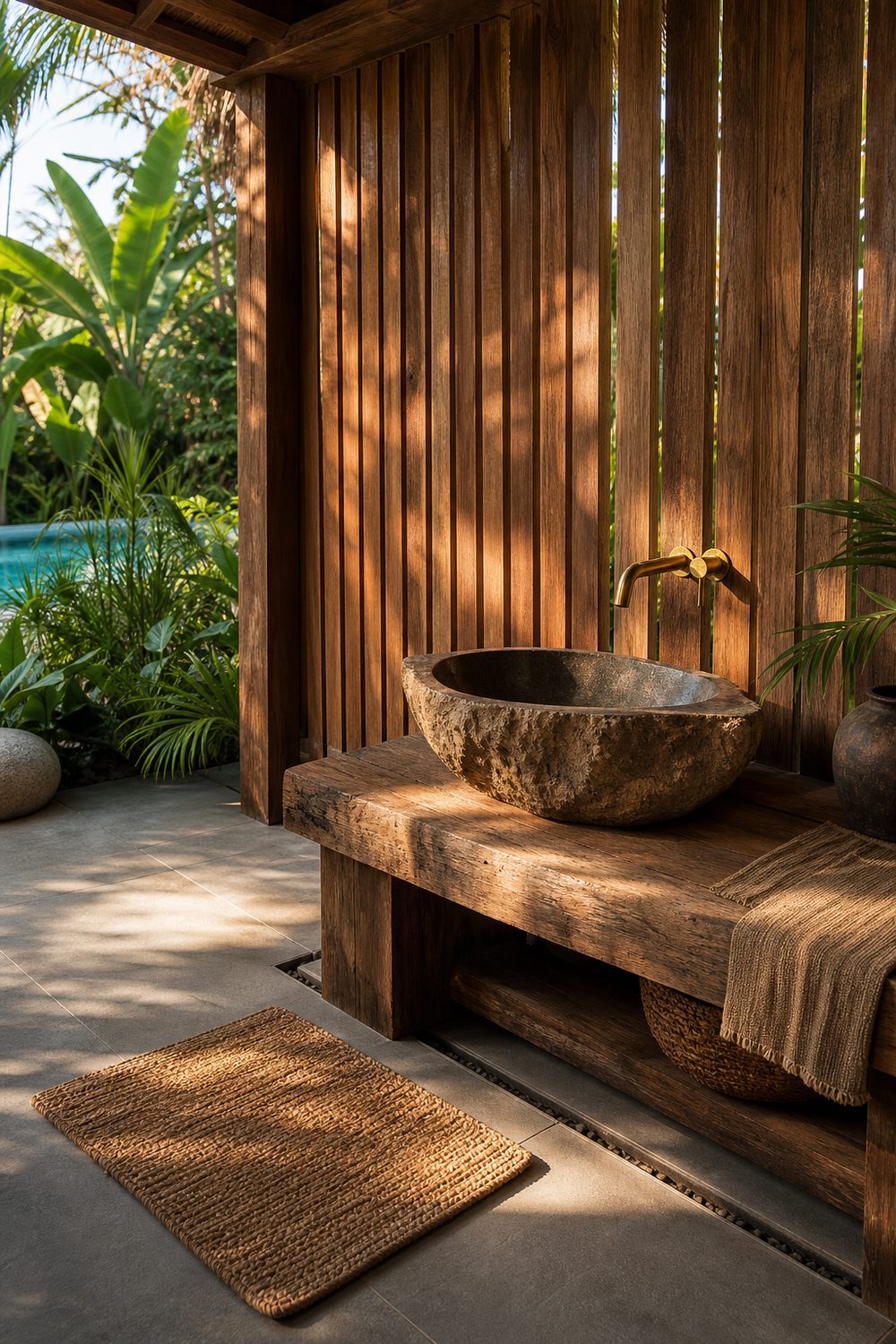 Open air outdoor cabana bathroom with slatted cedar privacy wall, rough stone vessel basin on reclaimed teak counter, brushed brass faucet, tropical plants, pool peek