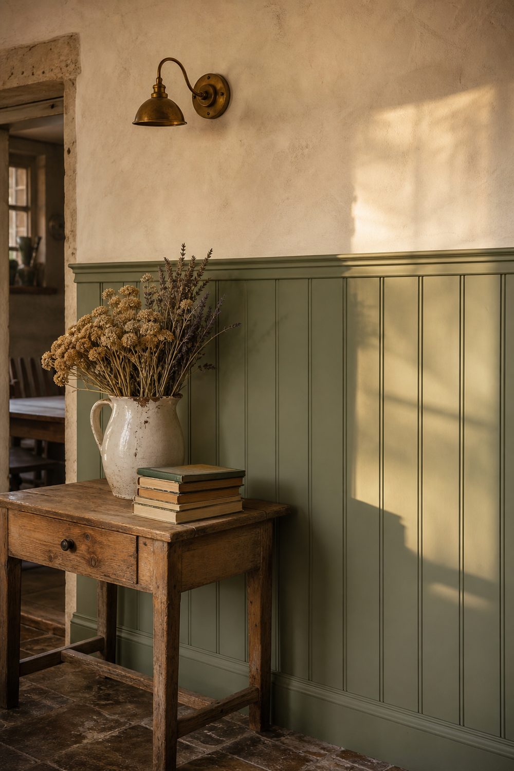 Muted sage green beadboard wainscoting on a cottage kitchen wall with weathered pine side table ironstone jug of dried wildflowers and aged brass cup-shade sconce