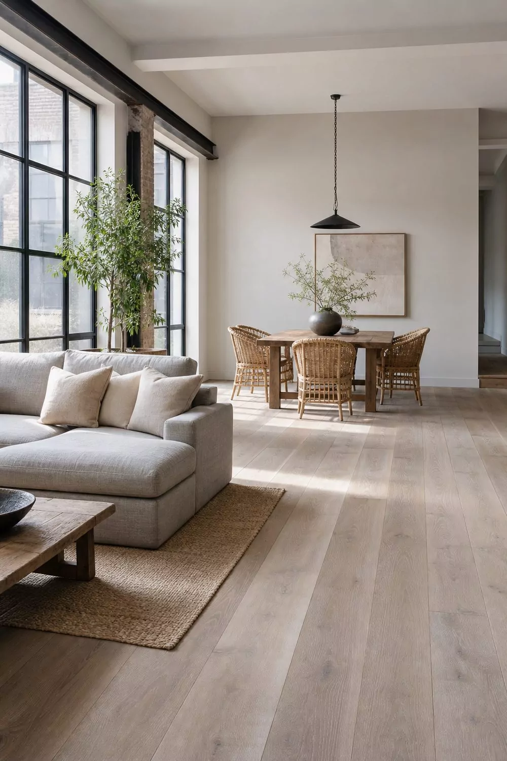 Pale gray open plan living and dining area with light ash hardwood floors, low gray sectional sofa, oak dining table with rattan chairs, large industrial windows, midday diffused light