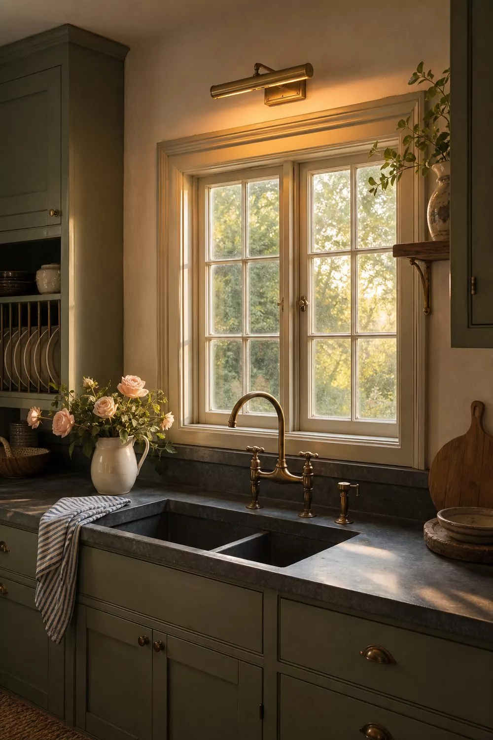 Slim aged brass picture light mounted above a decorative kitchen sink window with painted trim in a renovated cottage kitchen
