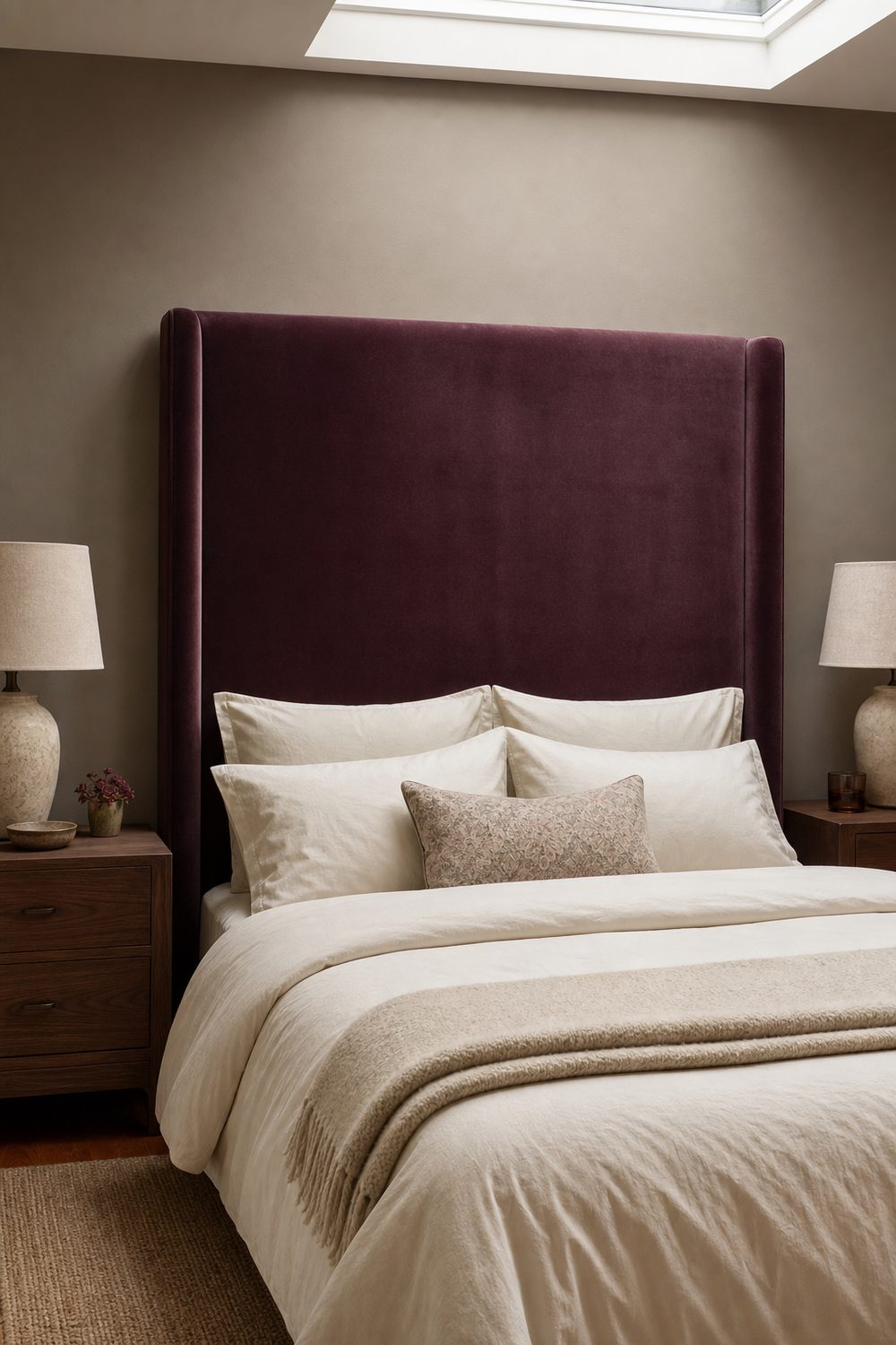 Plum velvet tufted headboard against warm taupe wall, walnut nightstands, crisp cream cotton bedding, ceramic table lamp, cream wool throw