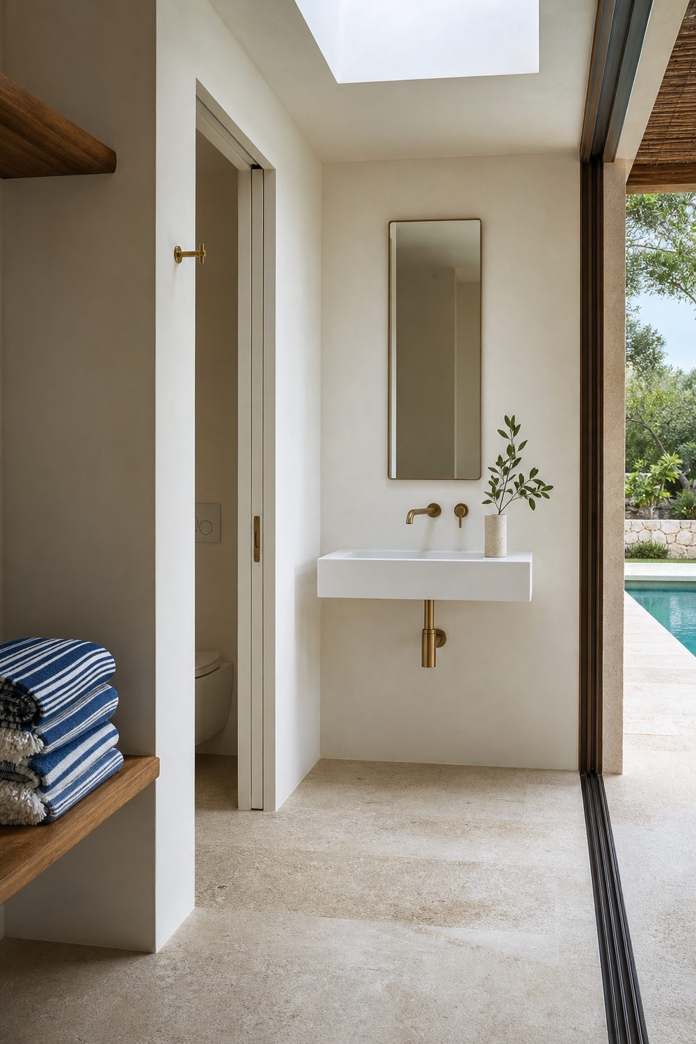 Pool cabana interior with integrated outdoor bathroom, wall-hung white sink, slim vertical mirror, teak shelf with striped towels, travertine slip-resistant flooring