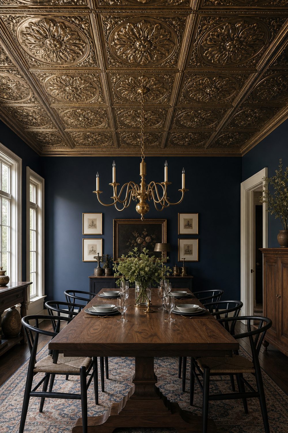 Antique brass pressed metal ceiling panels above a long walnut dining table with black wishbone chairs and a brass chandelier in a deep navy dining room
