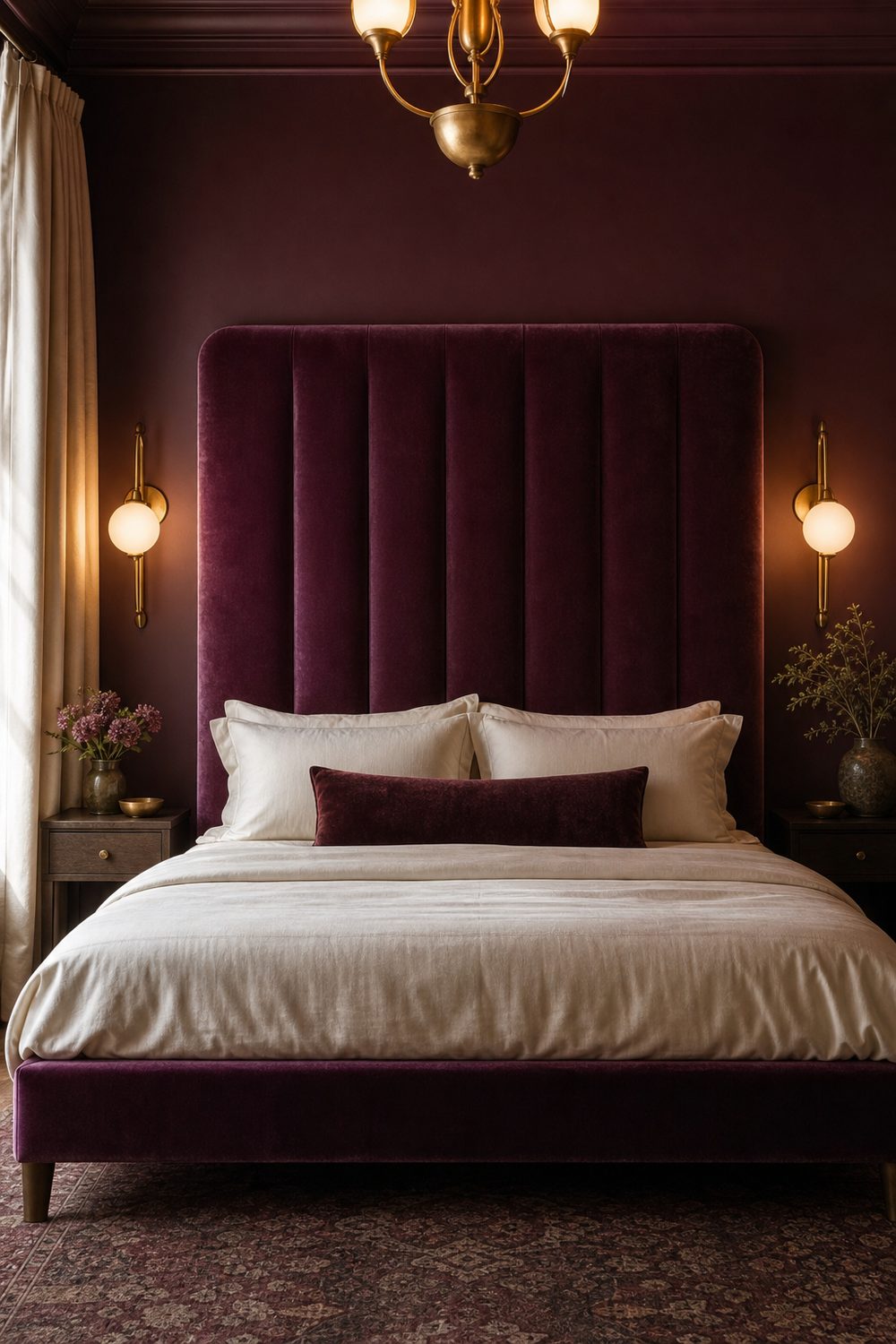 Glamorous bedroom with rich plum velvet headboard, brushed brass wall lamps, silk-look drapery, deep-toned area rug, single statement chandelier
