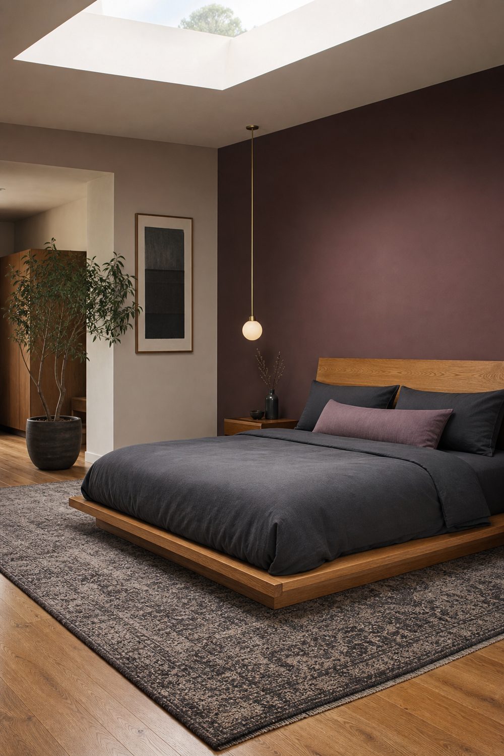 Modern bedroom with smoky plum accent wall behind the bed, charcoal bedding, smooth oak platform bed, low-profile patterned rug, brass pendant