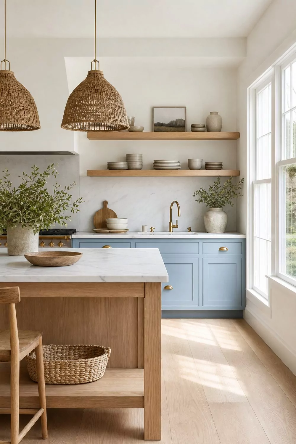 Quiet dusty blue kitchen with light white oak hardwood floors, shaker cabinets, honed white marble countertops, unlacquered brass hardware, two woven pendants over the island, soft morning light