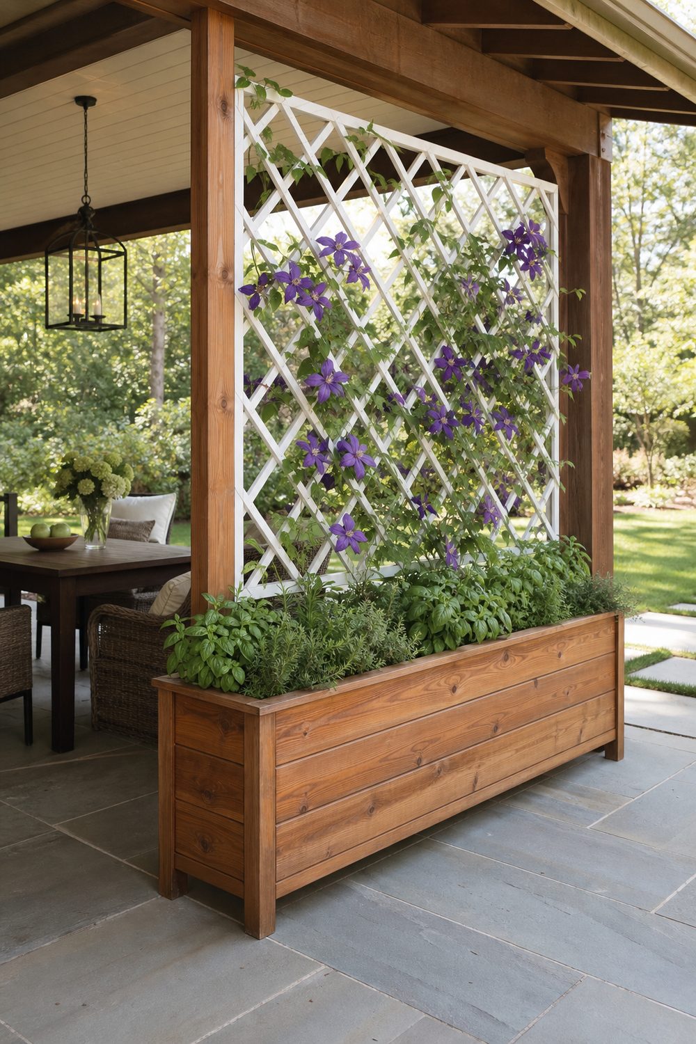 Raised cedar lattice trellis planter box with herbs and purple clematis dividing a covered patio dining area