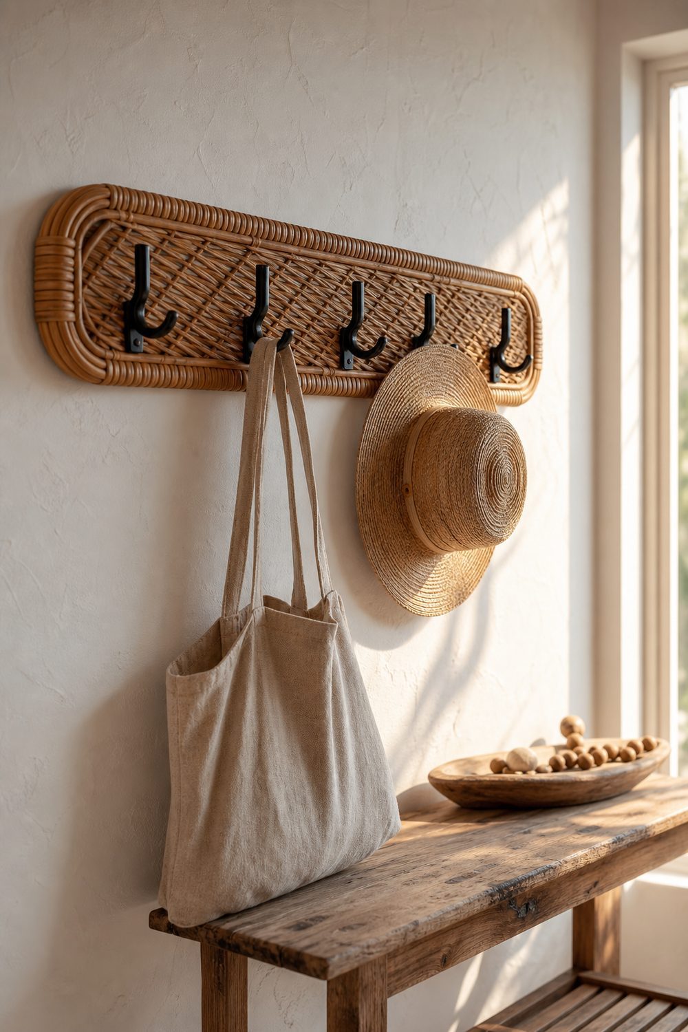 Wall mounted natural rattan coat rack with five matte black hooks holding a linen tote and straw sun hat above a weathered wood bench in a warm white plaster coastal entryway
