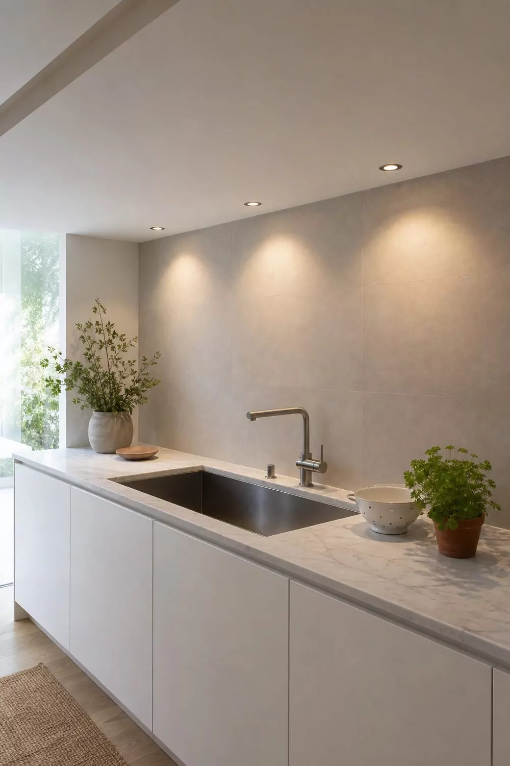 Three recessed warm-dim LED downlights evenly spaced in the ceiling above a long undermount kitchen sink, minimal modern kitchen