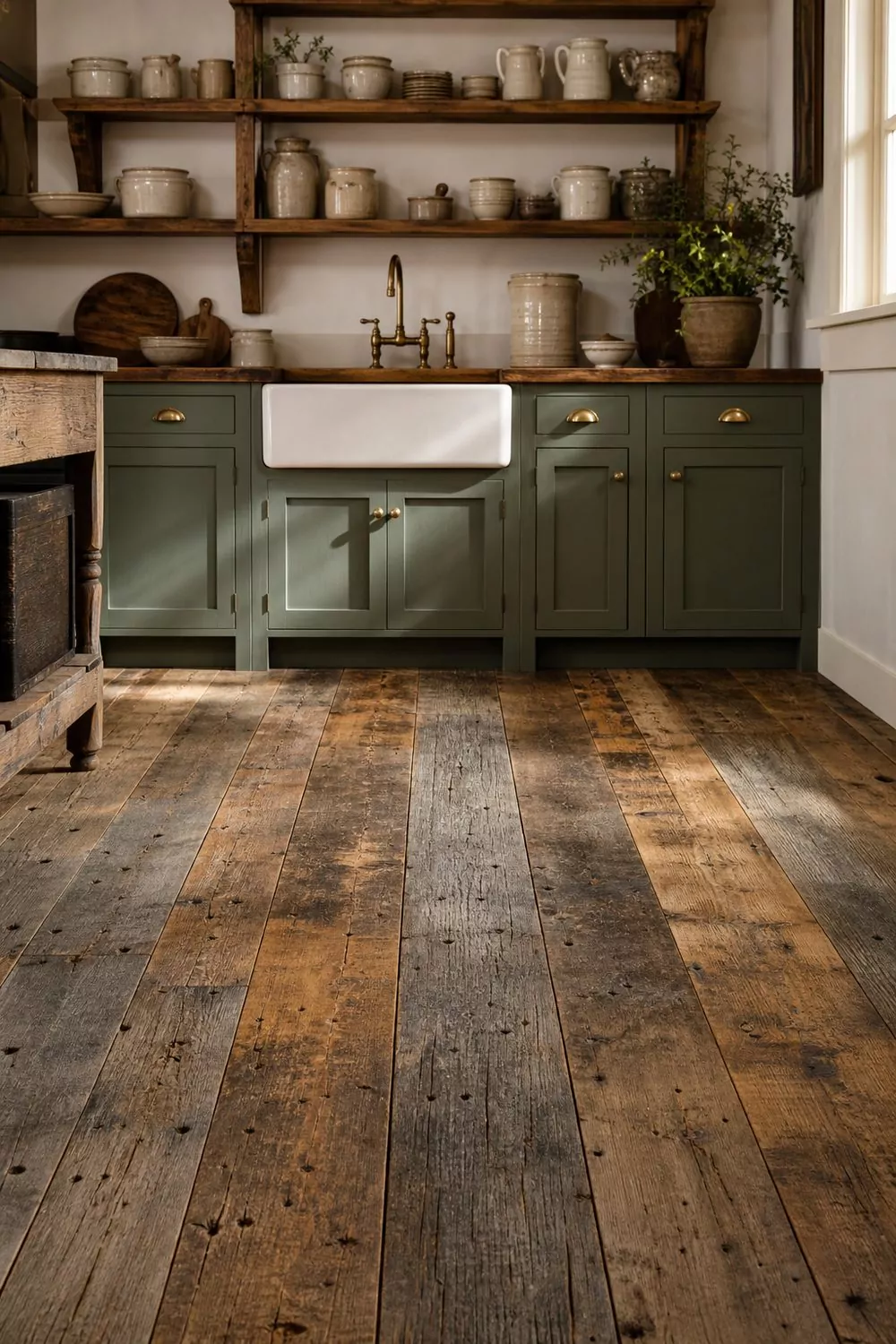 Reclaimed barnwood farmhouse kitchen floor with weathered planks, sage green shaker cabinets, white apron sink, and open wood shelving with stoneware
