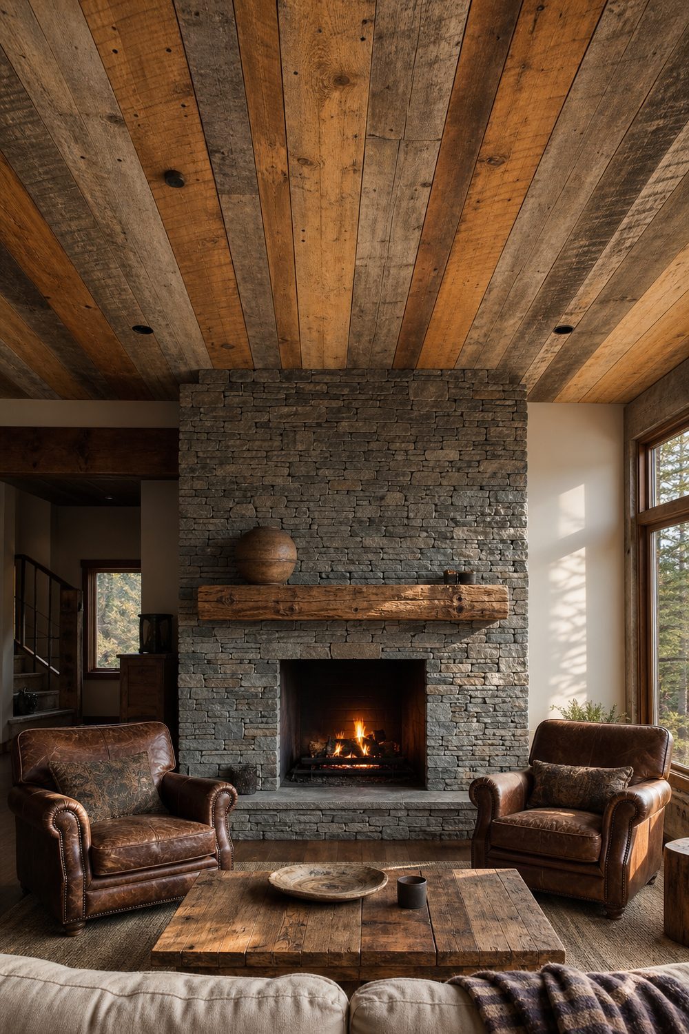 Reclaimed pine plank ceiling in a mountain cabin great room with mixed warm and grey weathered boards, stone fireplace, and leather club chairs
