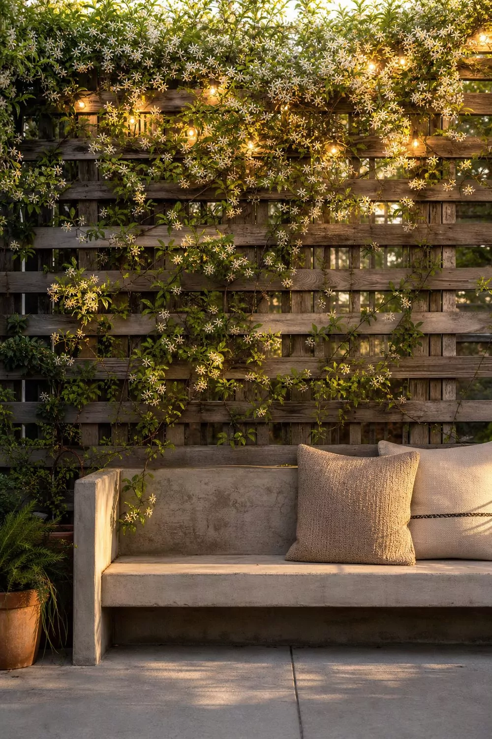 Reclaimed wood lattice garden wall behind a low concrete bench with climbing jasmine vines and warm string lights, golden afternoon glow