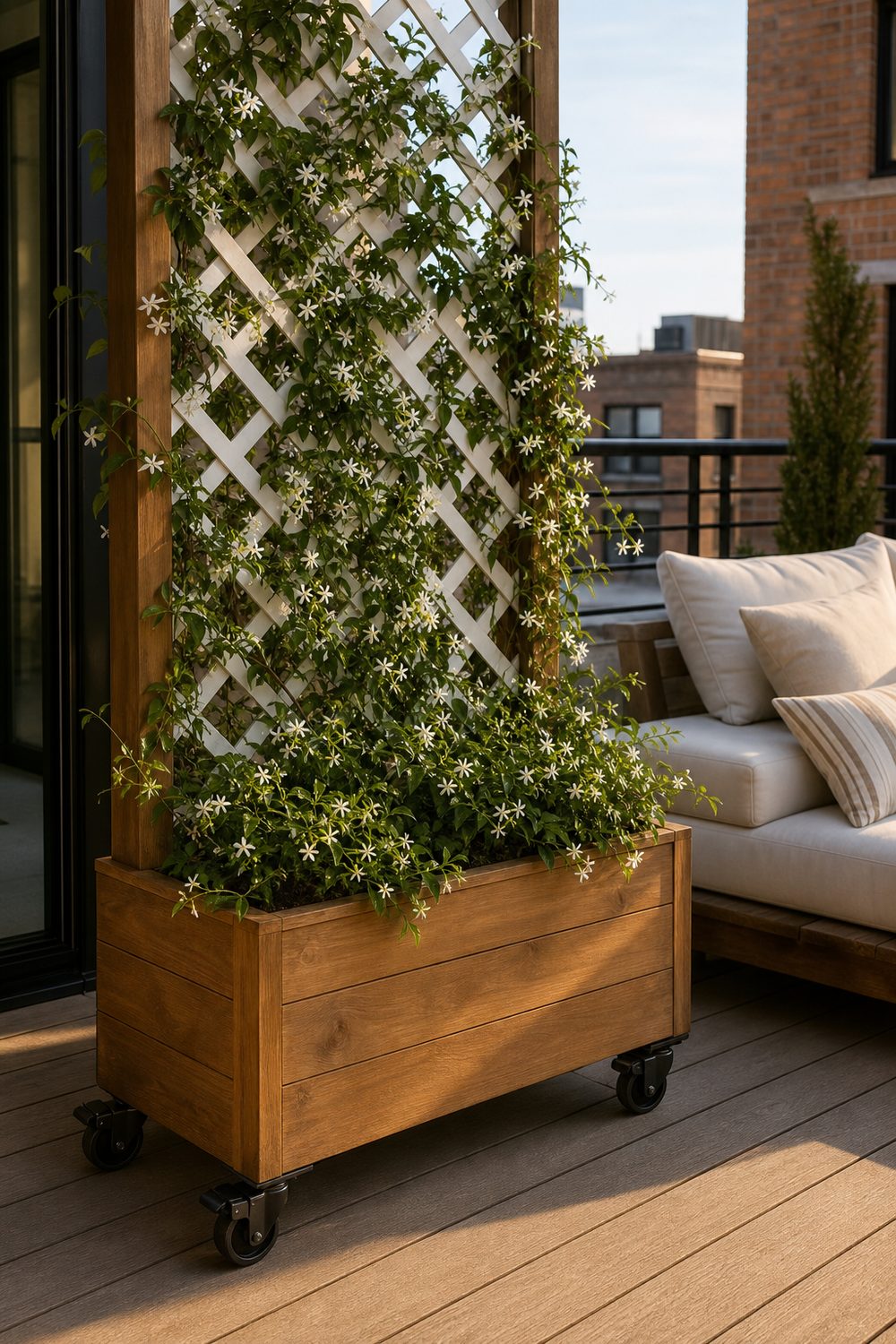 Rolling trellis planter box on black caster wheels with white lattice and trailing jasmine on a terrace