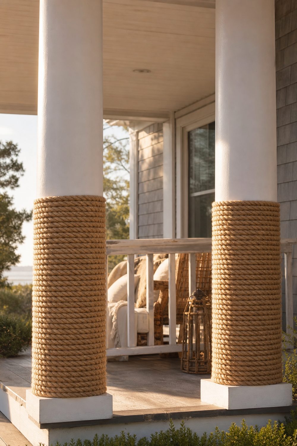 Two white porch columns wrapped with thick natural sisal rope on a coastal front porch