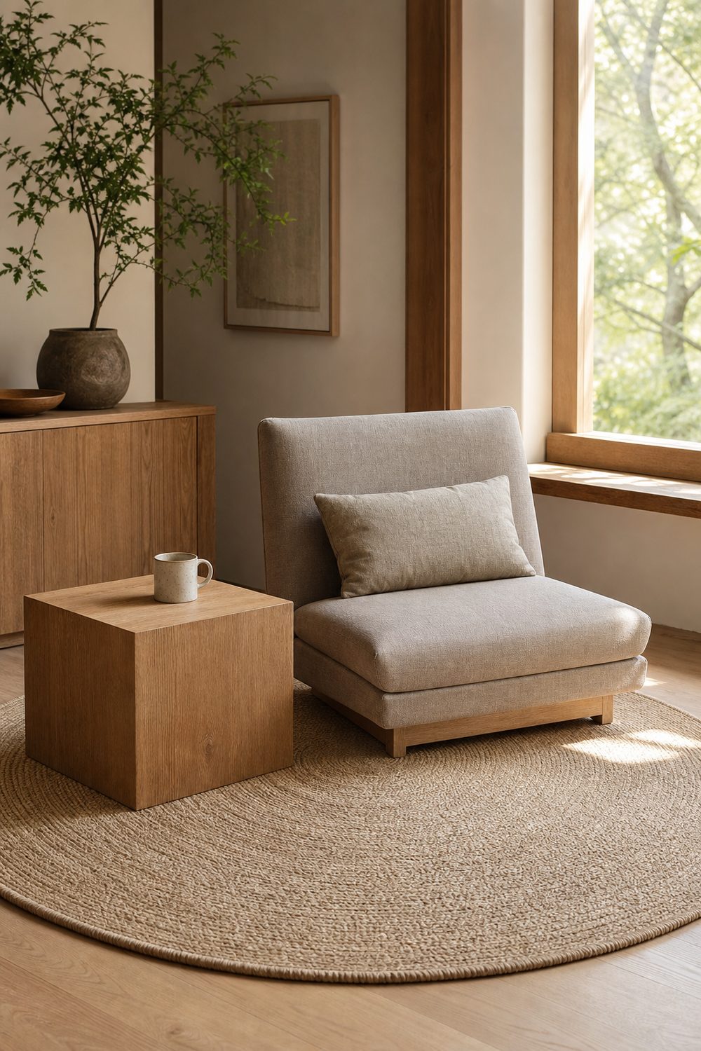 Round natural fiber Japandi rug softening a reading corner with a low linen chair and a square oak side table