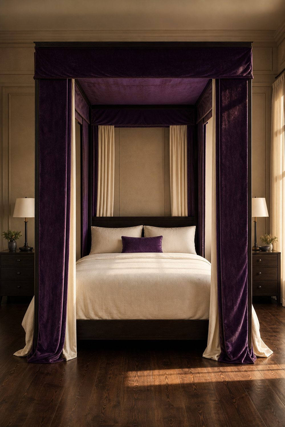 Formal bedroom with royal purple matte cotton velvet canopy bed, ivory linen drapery panels, dark wood floors, symmetrical nightstands, framed art