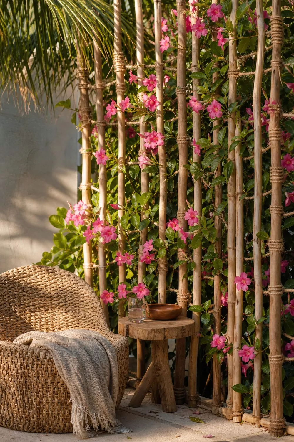Rustic bamboo style wooden trellis made of slim round sun bleached poles lashed with jute twine, climbing pink mandevilla, and a woven seagrass lounge chair
