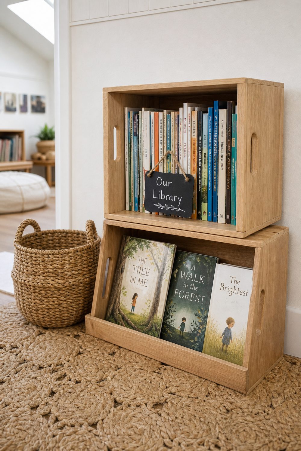 Two stacked light oak rustic wood crates used as book bins in a farmhouse classroom library corner, chalkboard style label hanging on the front, books arranged spine-out and face-out, bright midday diffused light