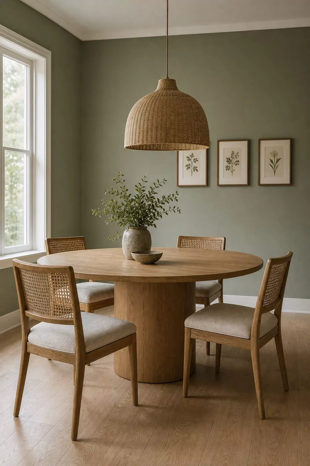 Muted sage green dining room with light white oak hardwood floors, oval oak pedestal table, cane-back dining chairs, woven pendant light, framed botanical prints, midday natural light