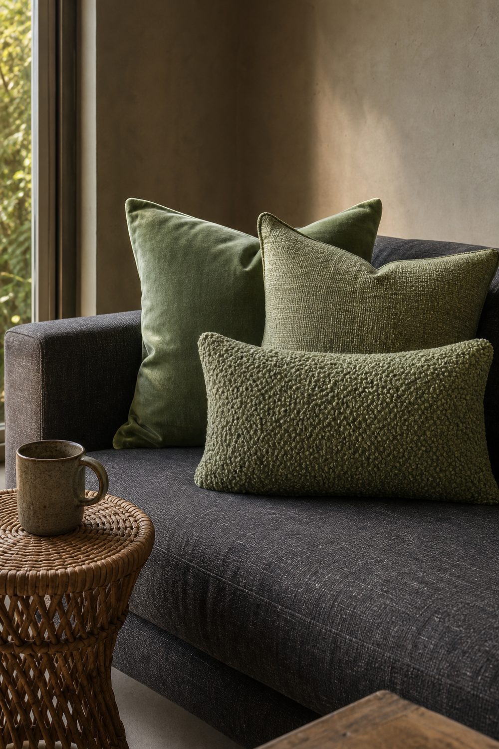Three sage green pillows in mixed velvet linen and boucle textures stacked on a charcoal grey linen sofa with a woven rattan side table holding a stoneware mug