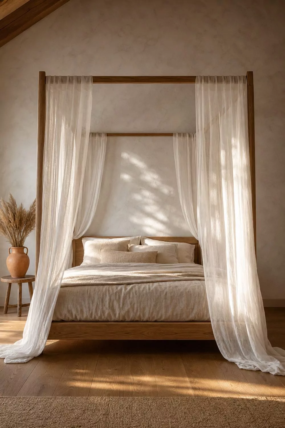 Airy sheer white linen panels drape from a slim wooden four post frame over a low platform bed in a soft minimalist boho bedroom