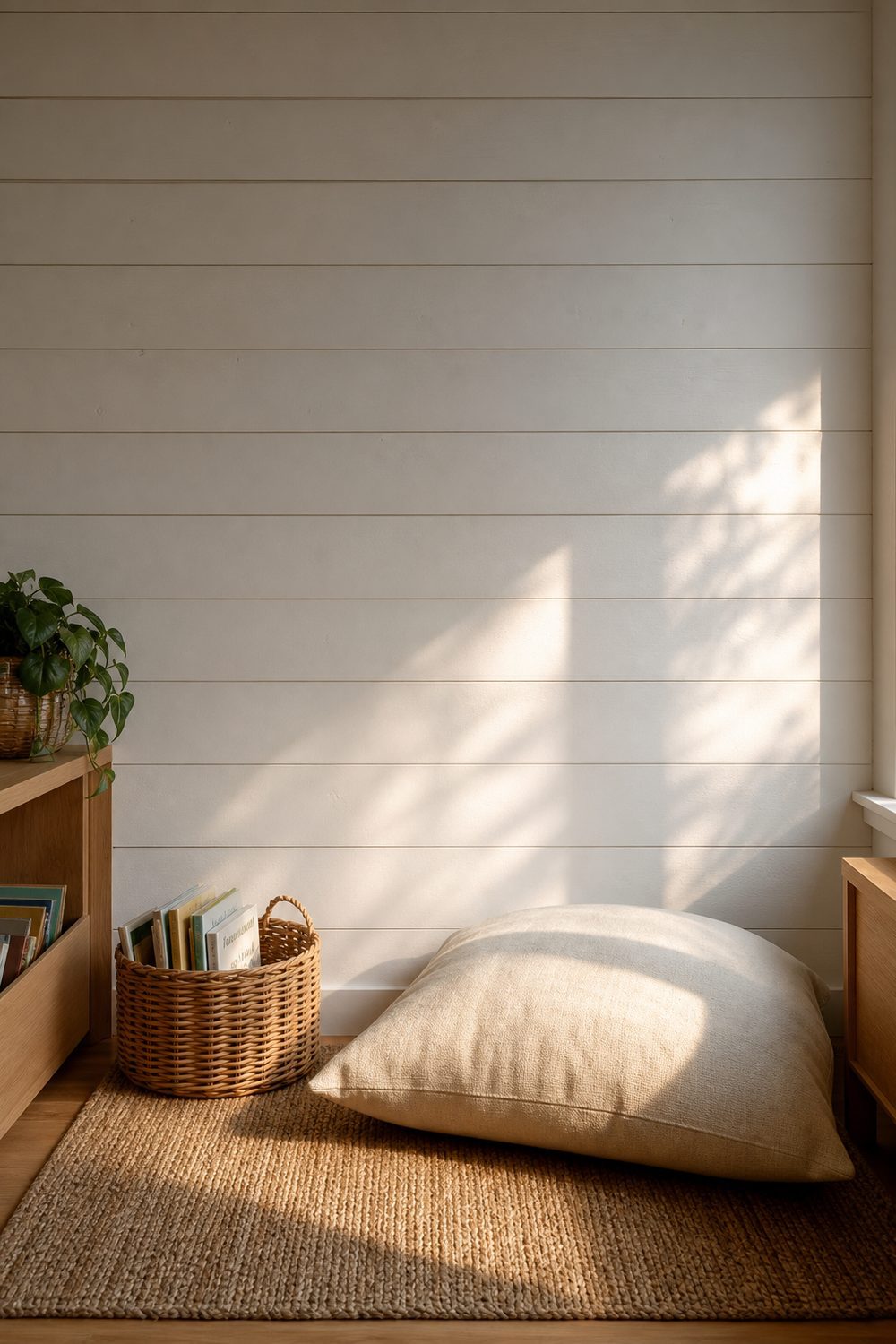 Soft white shiplap accent wall behind a classroom reading nook with oversized linen floor cushion, woven jute rug, and small basket of children's books, warm afternoon light