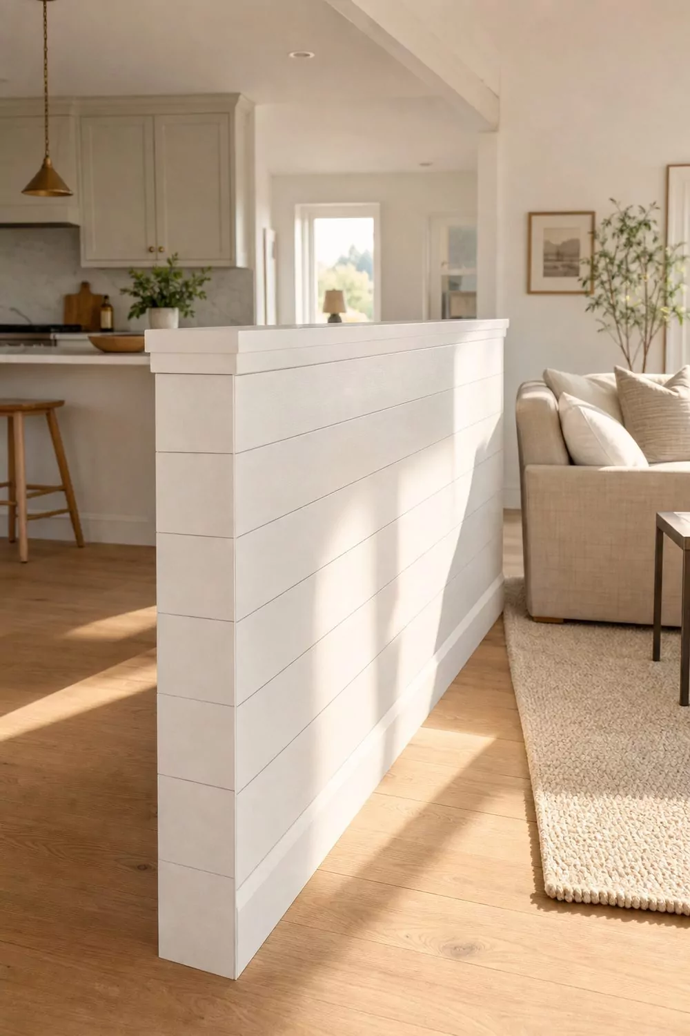 Shiplap half wall with crisp white trim dividing a soft white kitchen from an airy living room with light beige linen sofa and pale oak floors