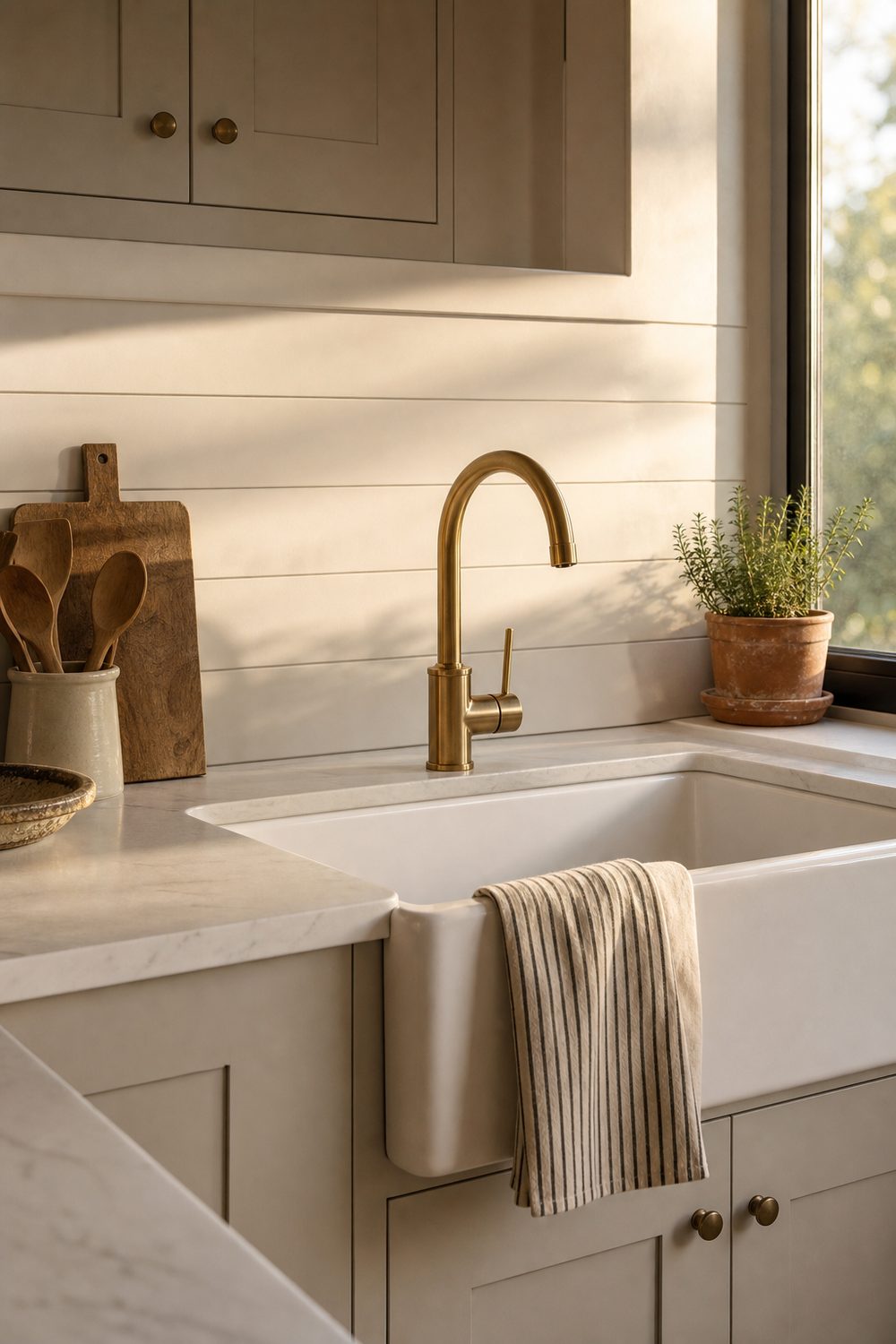 Horizontal white shiplap wainscoting behind a fireclay apron front kitchen sink with brushed brass gooseneck faucet terracotta herb pot and white quartz counter