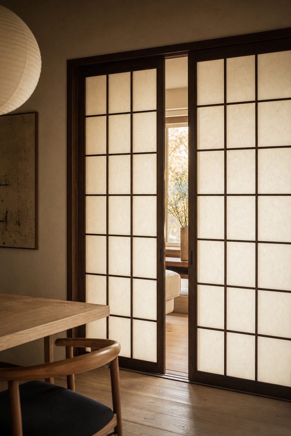 Pair of shoji screen style sliding doors with dark stained wooden lattice and translucent rice paper panels glowing warm from light beyond, dividing a Japandi dining room
