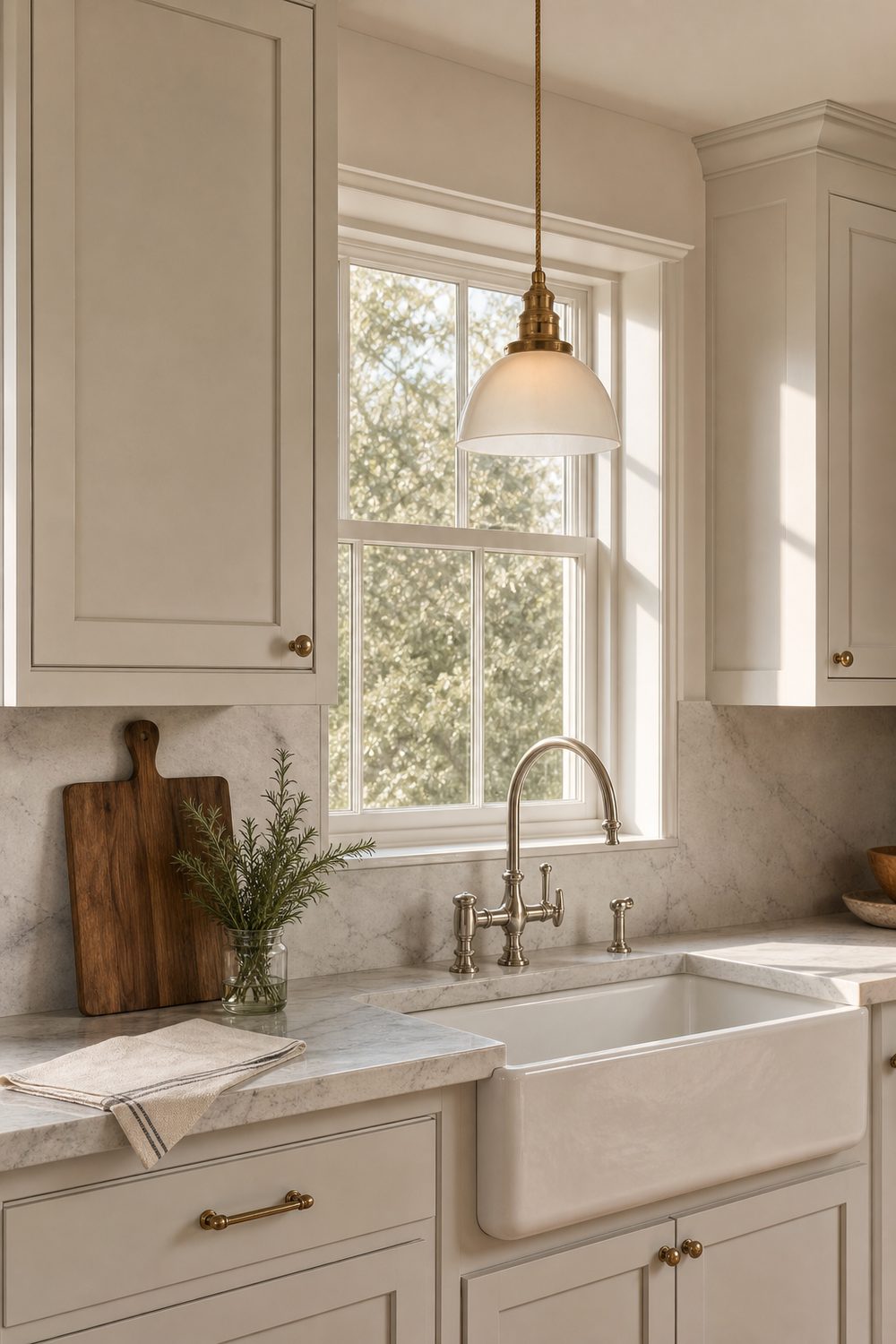 Single aged brass pendant light hanging above a white farmhouse sink with a window behind it, warm afternoon light from the right