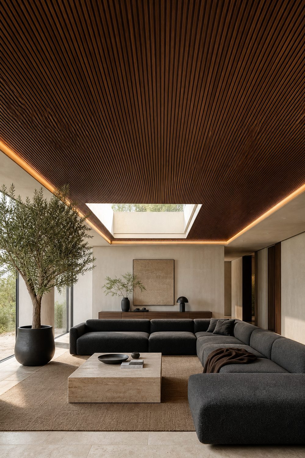 Modern slatted walnut wood ceiling with narrow vertical slats and hidden cove lighting above a charcoal sectional in a contemporary living room