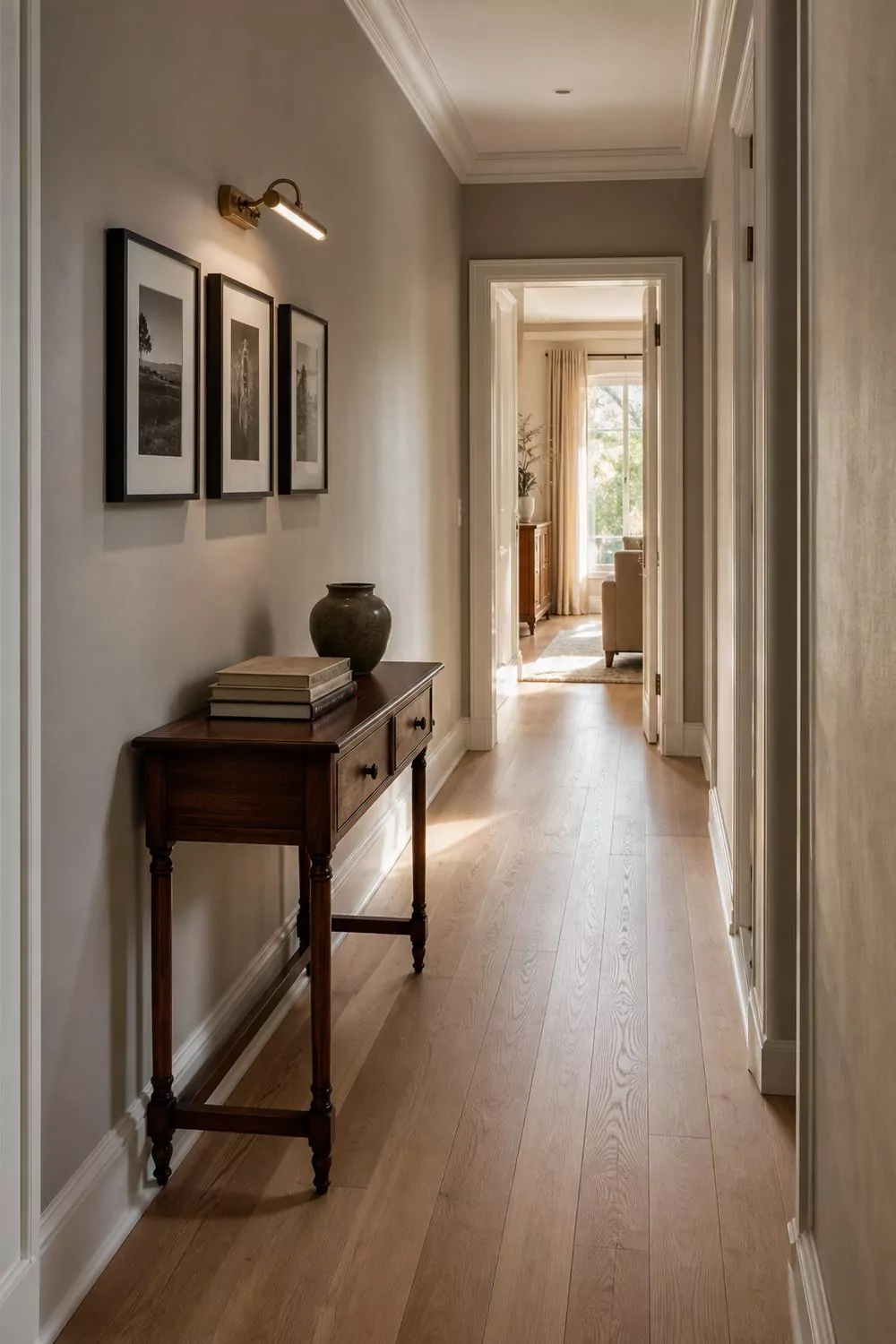 Soft greige hallway with light oak hardwood floors, white trim and crown molding, vintage console table with stack of books, framed black and white photography on the wall, brass picture light