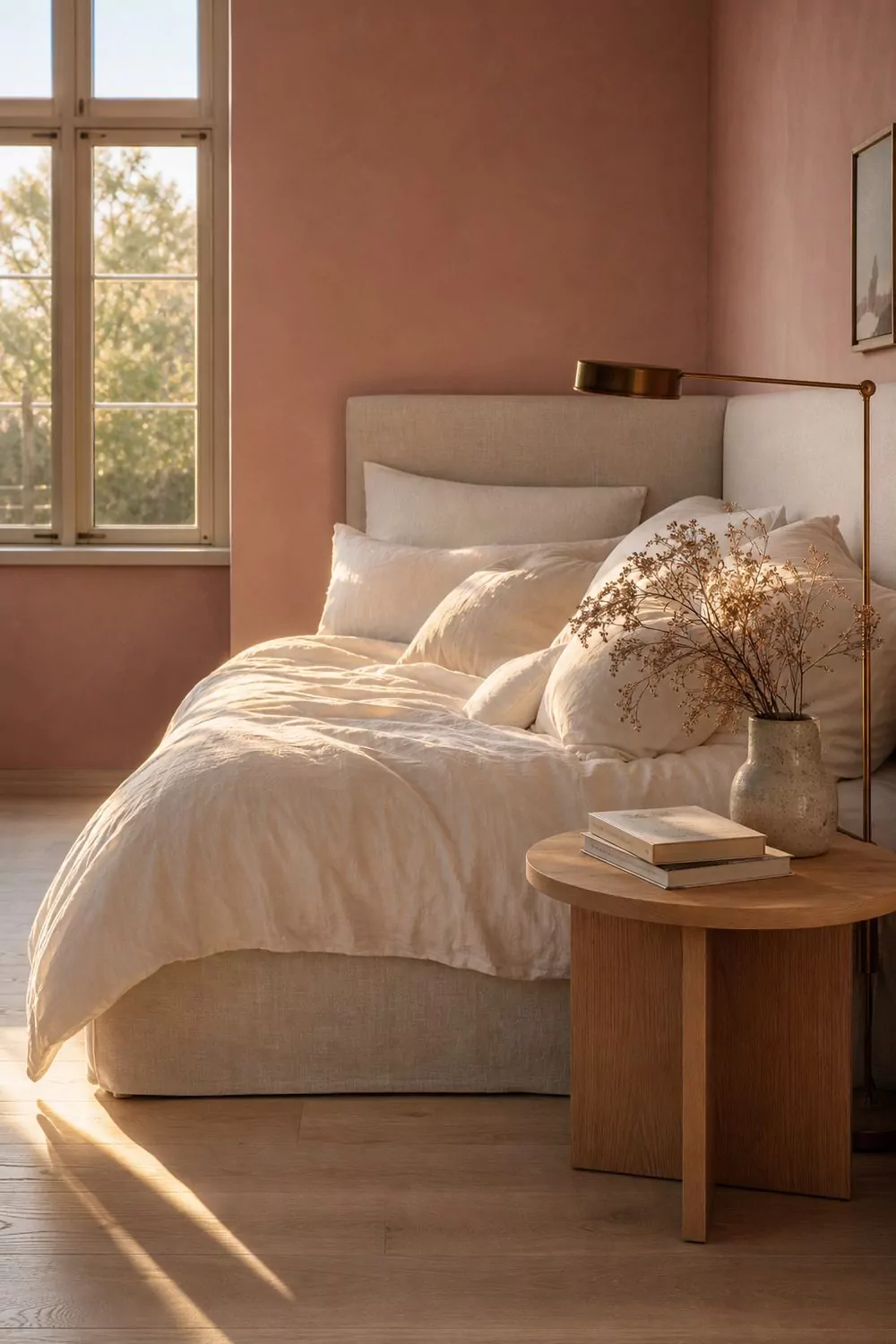 Dusty rose pink bedroom with light white oak hardwood floors, upholstered headboard in oatmeal linen, layered ivory bedding, small round oak bedside table, brass pharmacy lamp, golden hour light