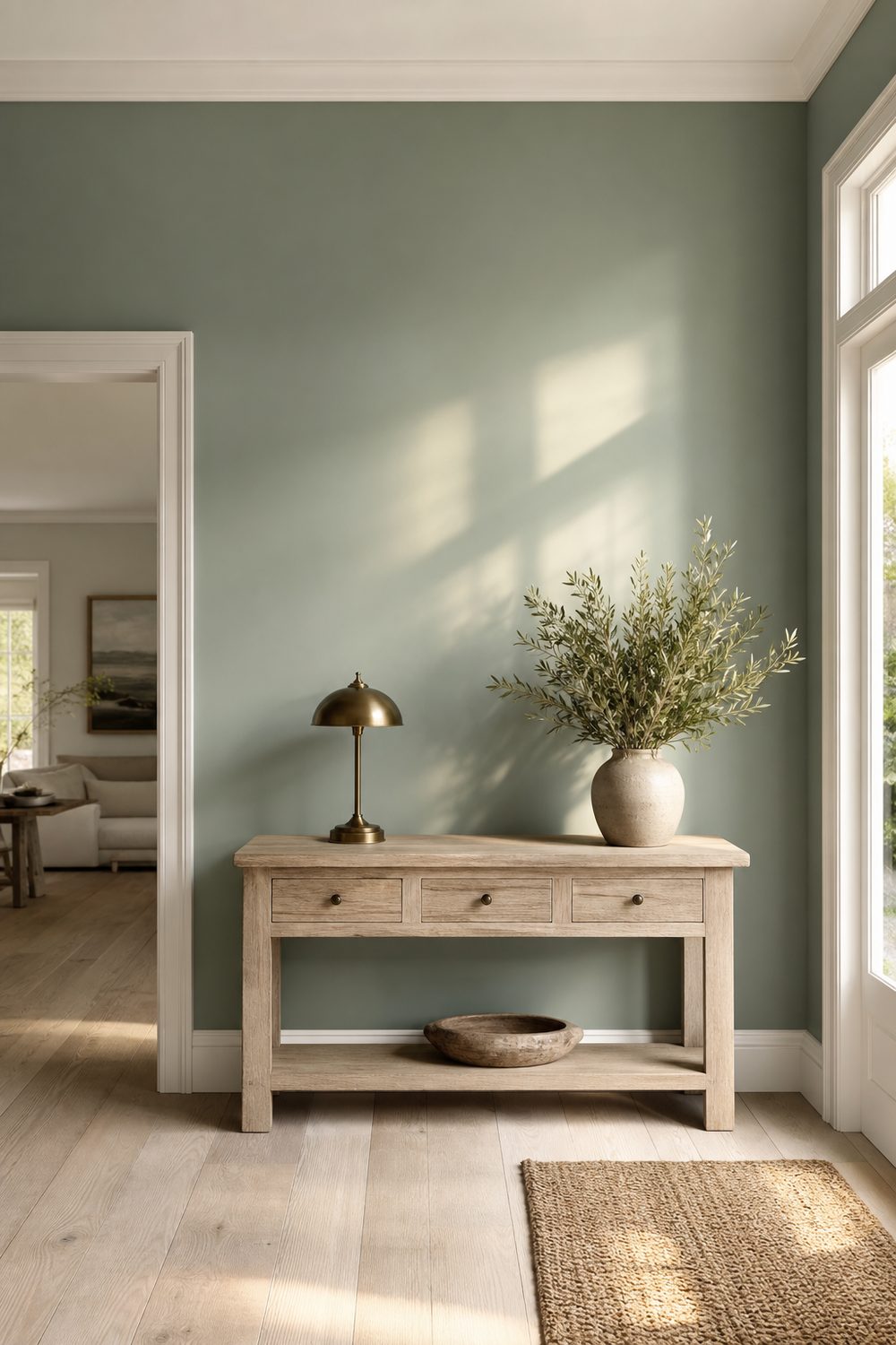 Soft sea glass green wall in a coastal entryway with whitewashed console, aged brass dome lamp, ceramic vase of olive branches, and a jute rug on pale white oak flooring
