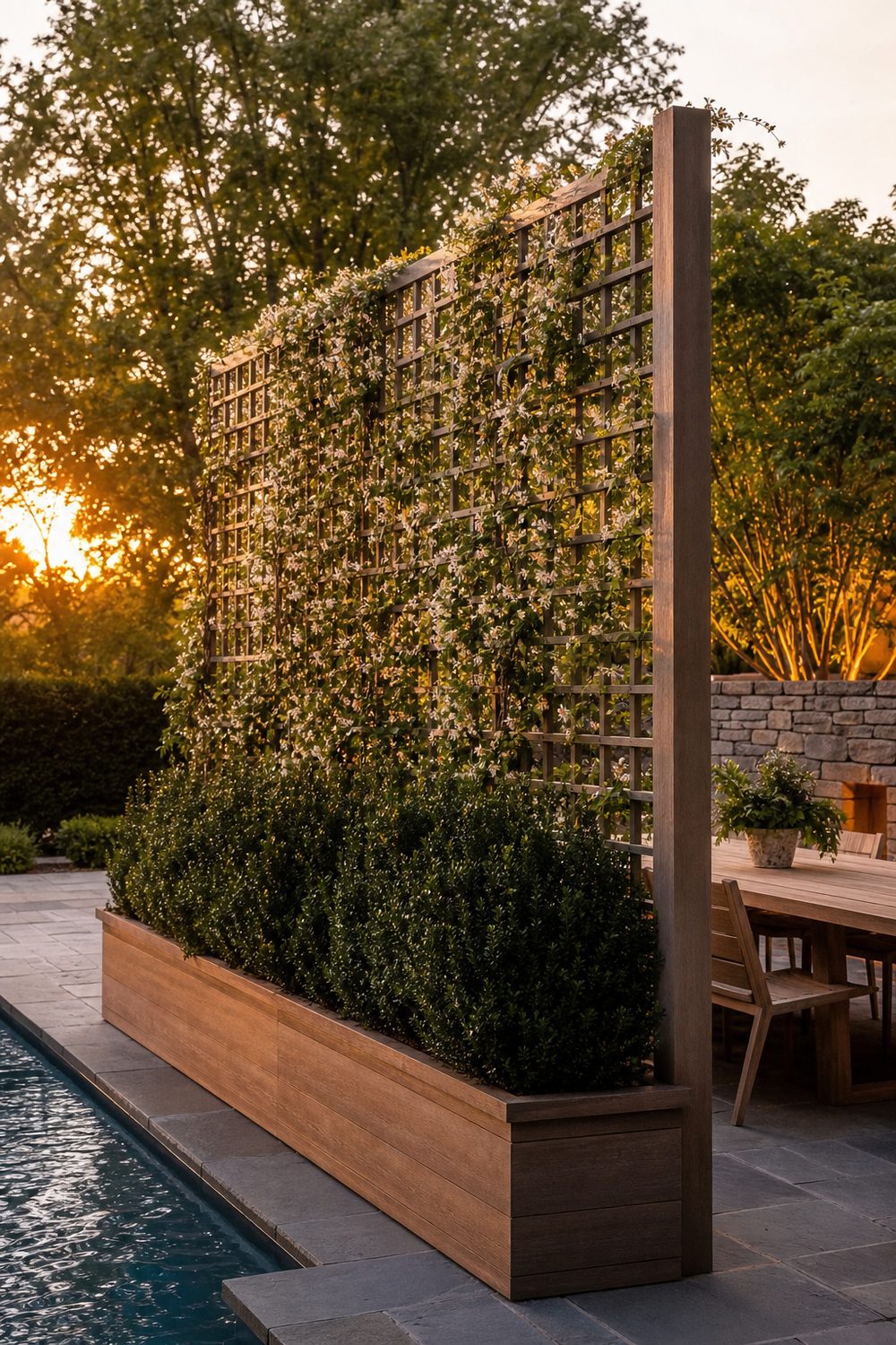 Tall freestanding privacy trellis planter with evergreen base and flowering climbers beside a pool dining area