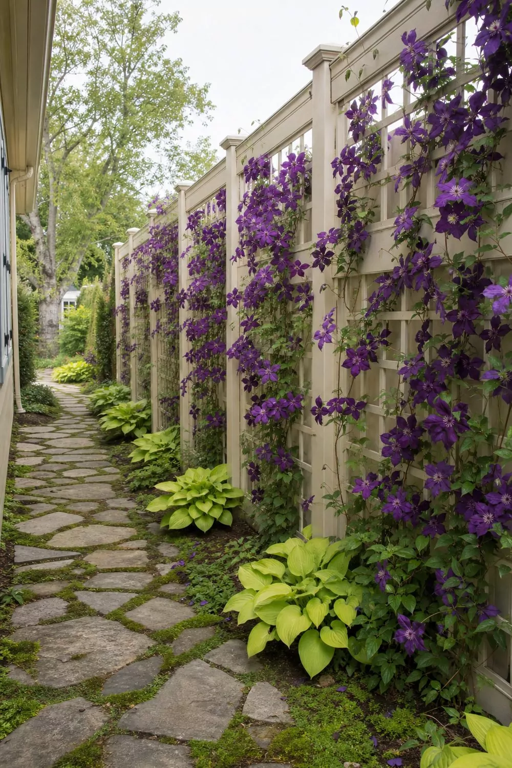 Row of tall narrow cream painted pine wooden trellises along a fence with deep purple clematis vines in full bloom and a mossy fieldstone path