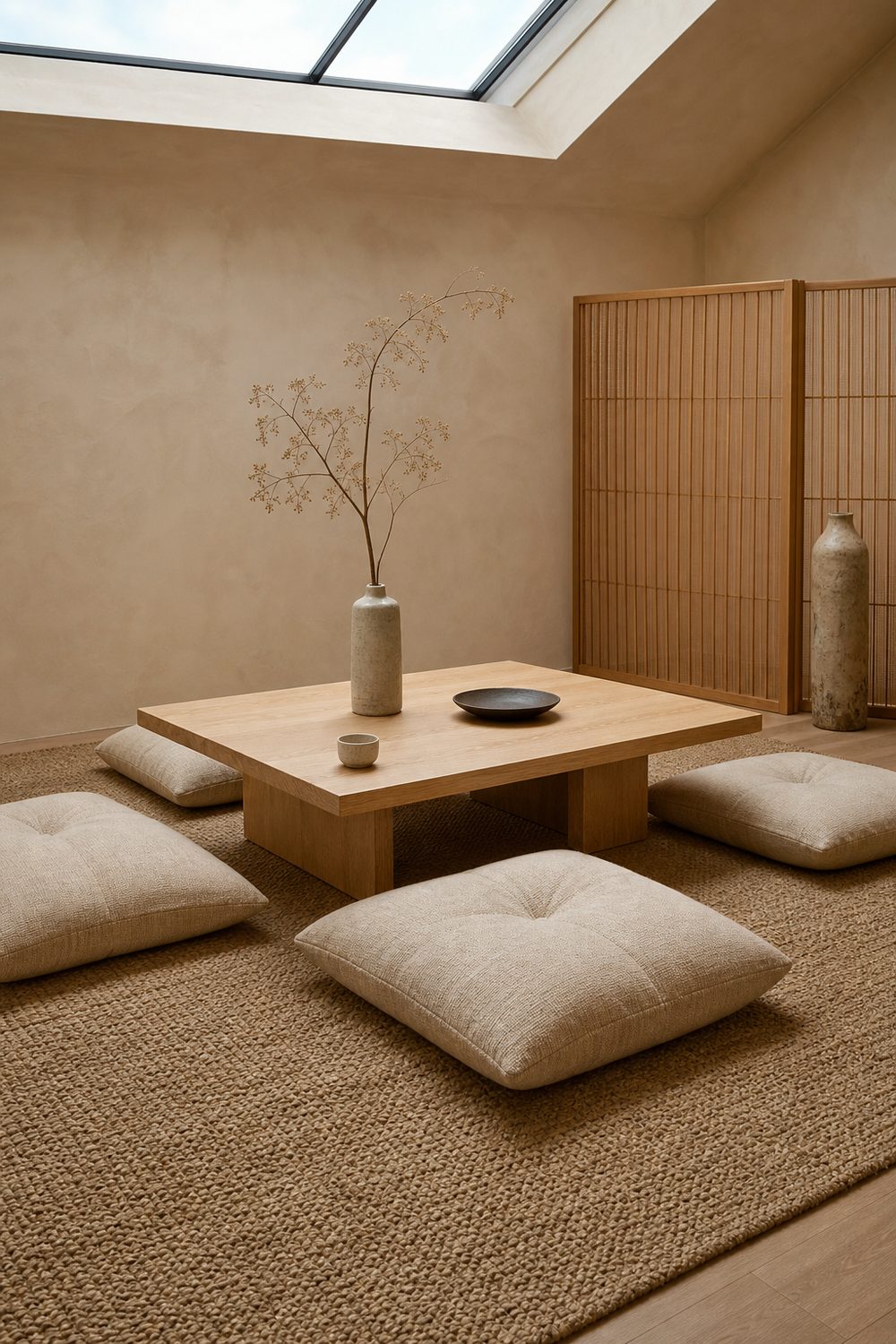 Tatami inspired beige and cream linen floor cushions arranged around a low natural oak dining table on a jute rug in a sunlit Japandi dining nook