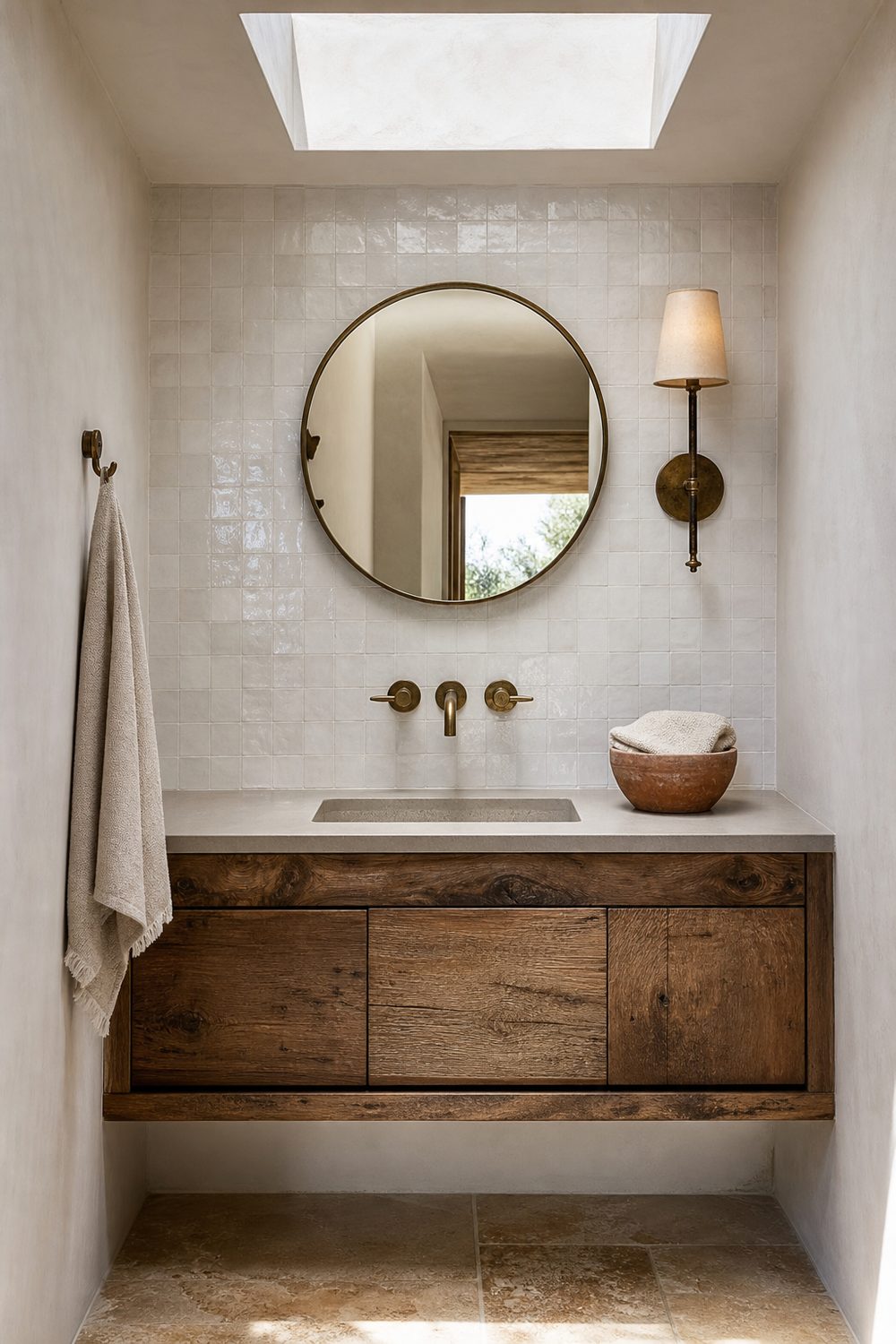 Pool cabana bath with floating salvaged teak vanity, white zellige backsplash, antique brass sconce, terracotta accessories, brushed brass wall faucet