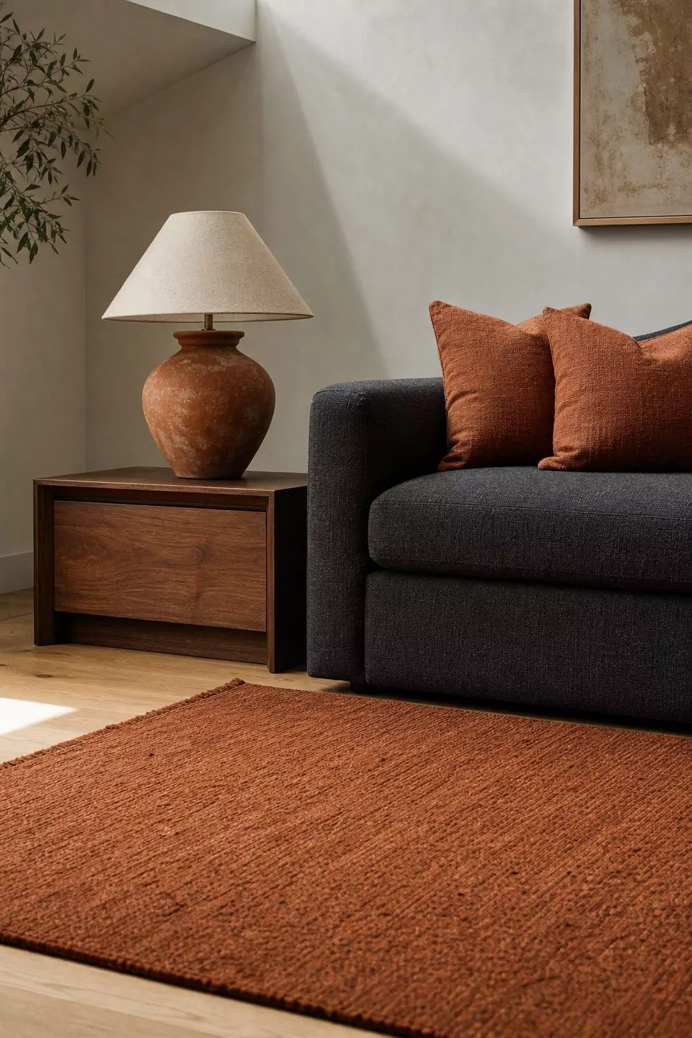 Charcoal grey couch styled with two terracotta woven pillows beside a warm walnut side table holding a clay-toned ceramic table lamp on a muted rust wool area rug